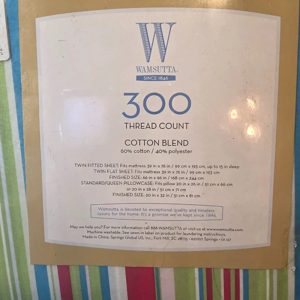 3 Piece 300 Count Twin Wamsutta Sheet Set 60/40 Striped Flat Fitted & Pillowcase
